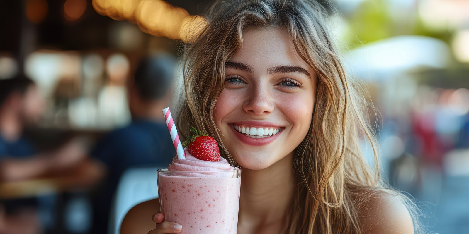 Smiling woman enjoying a refreshing strawberry smoothie at a cafe on a sunny day in a lively outdoor setting